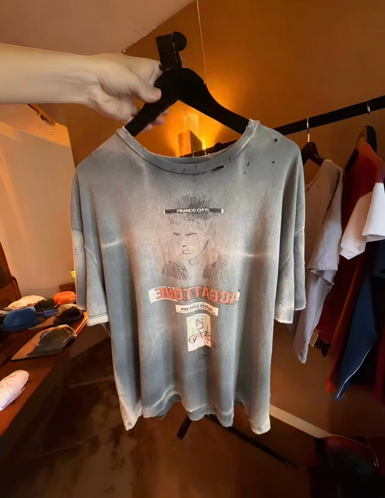 Paly Hollywood Distressed Vintage Washed T-Shirt---Washing Blue